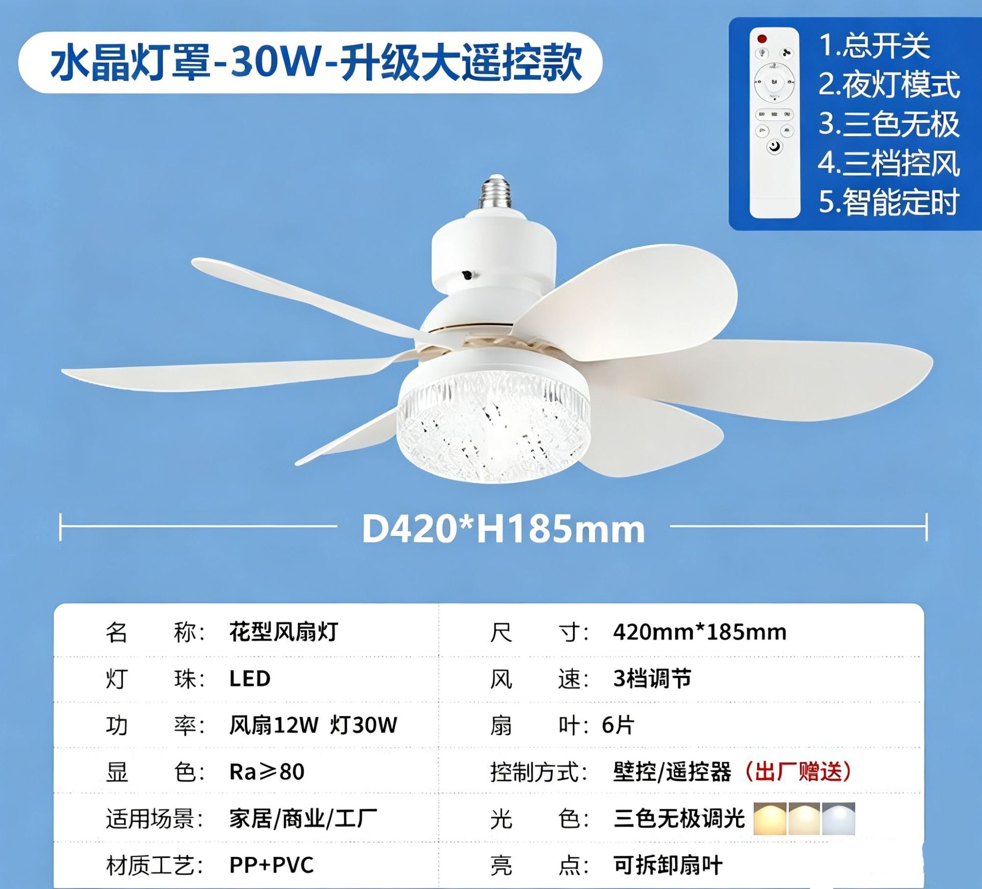 Ventilador de Techo con Luz E27 de ABS Silencioso para Comedor y Dormitorio