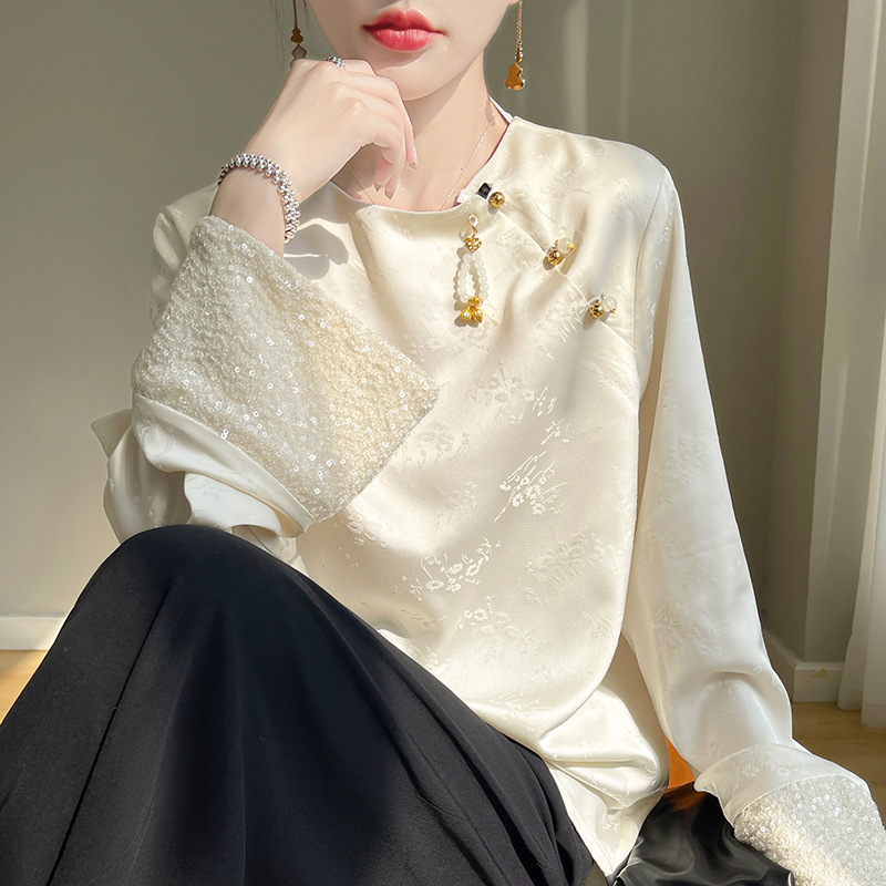 New Chinese-Style Sequin Shirt for Women, 2026 Spring/Summer New European Fashion Women's Clothing, Stylish and Trendy Sequin Blouse