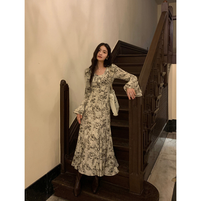 pusumede 法式碎花连衣裙女荷叶边设计感收腰气质鱼尾裙长款裙子|undefined