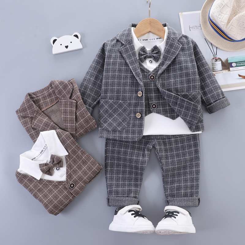 Three-piece suit for children and boys suit autumn bow tie suit vest plaid suit cardigan jacket wholesale