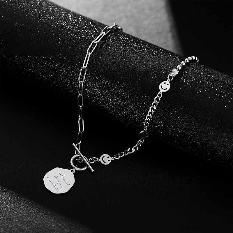 Titanium Steel Smiley Face Round Pendant Necklace for Women Ins Cool Style Hip-Hop Punk Ot Buckle Stainless Steel Sweatshirt Chain Accessories Titanium Steel Smiley Face Round Pendant Necklace for Women Ins Cool Style Hip-Hop Punk Ot Buckle Stainless Steel Sweatshirt Chain Accessories
