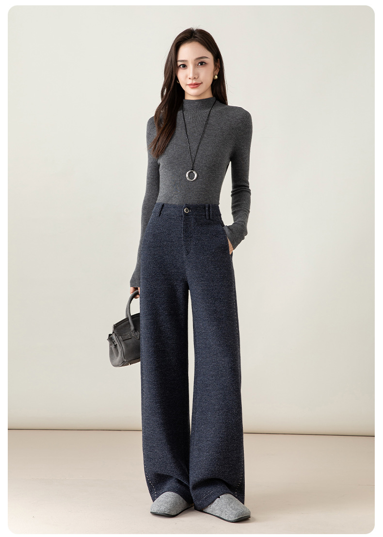 Quần culottes nữ ống rộng dệt kim len phối chỉ trang trí phong cách cổ điển — Xanh da trờicolor chi tiết 23