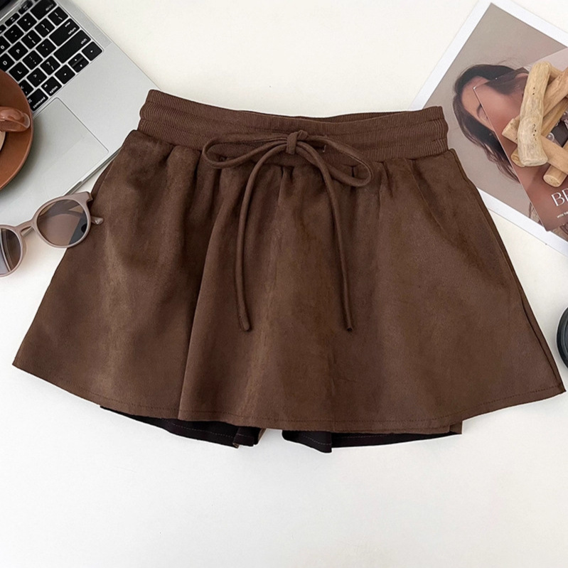 Retro Fashion Simple Drawstring High Waist Slim Deerskin Velvet Skirt Anti-Exposure Short Skirt A-Line Skirt Women's Autumn and Winter Ins