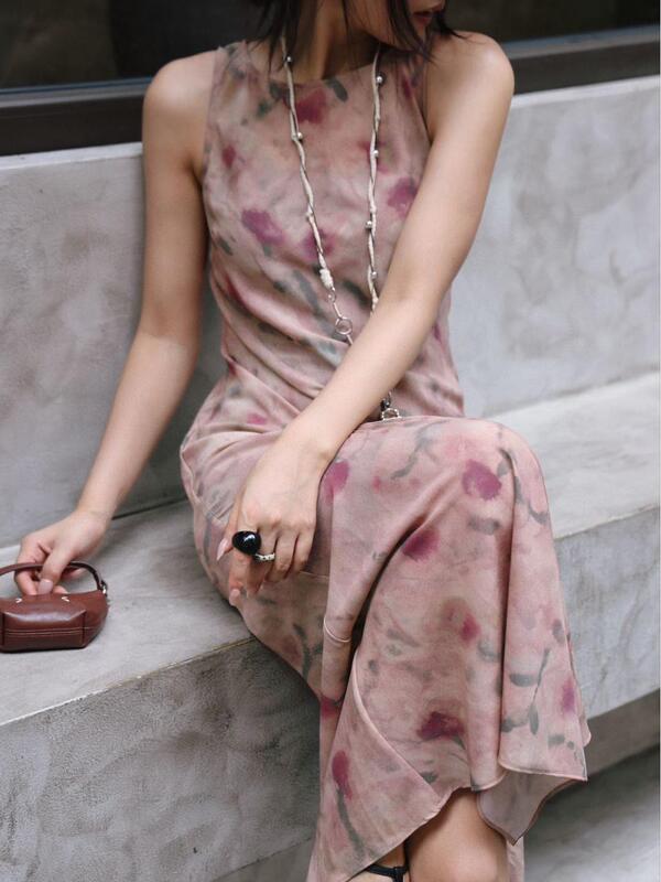 Silk Bias-Cut Long Dress in a Soft Light Pink Base Color with a Romantic Floral Pattern, Shenzhen Nanshan