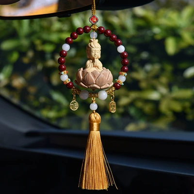 Car hanging: Peach Wood Car Decoration, Small Buddha - peaceful-blessing-guanyin-yellow