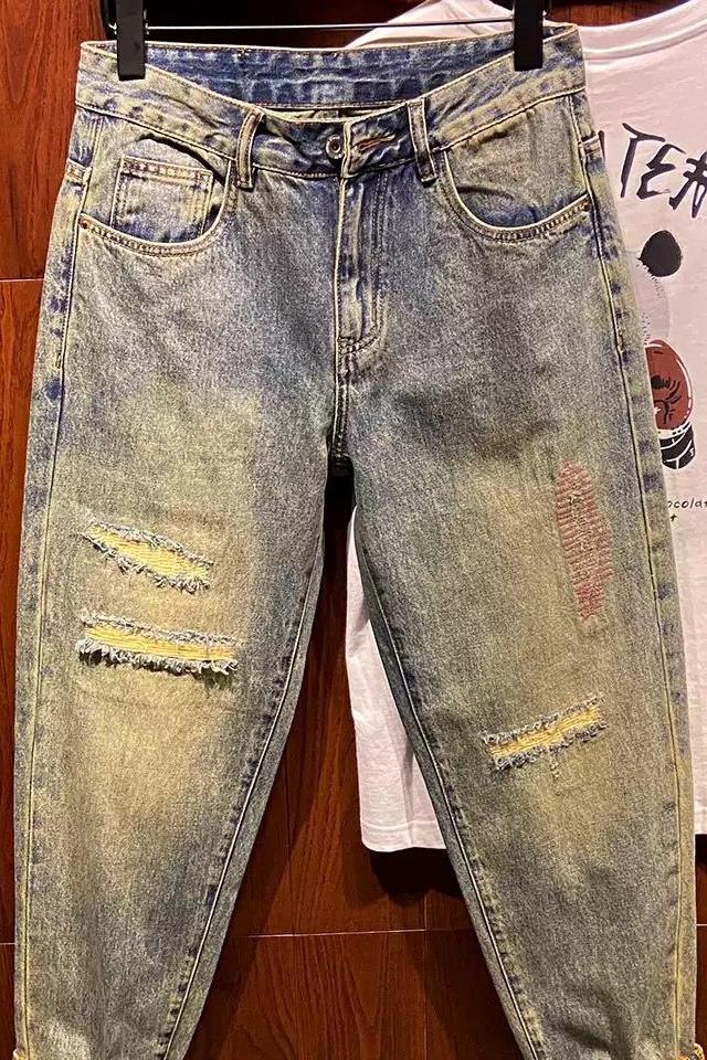 Men's Vintage Distressed Washed Ripped Jeans Loose Fit Slim Straight Leg Trendy American Style Trousers For Spring Autumn_mkmklike.com