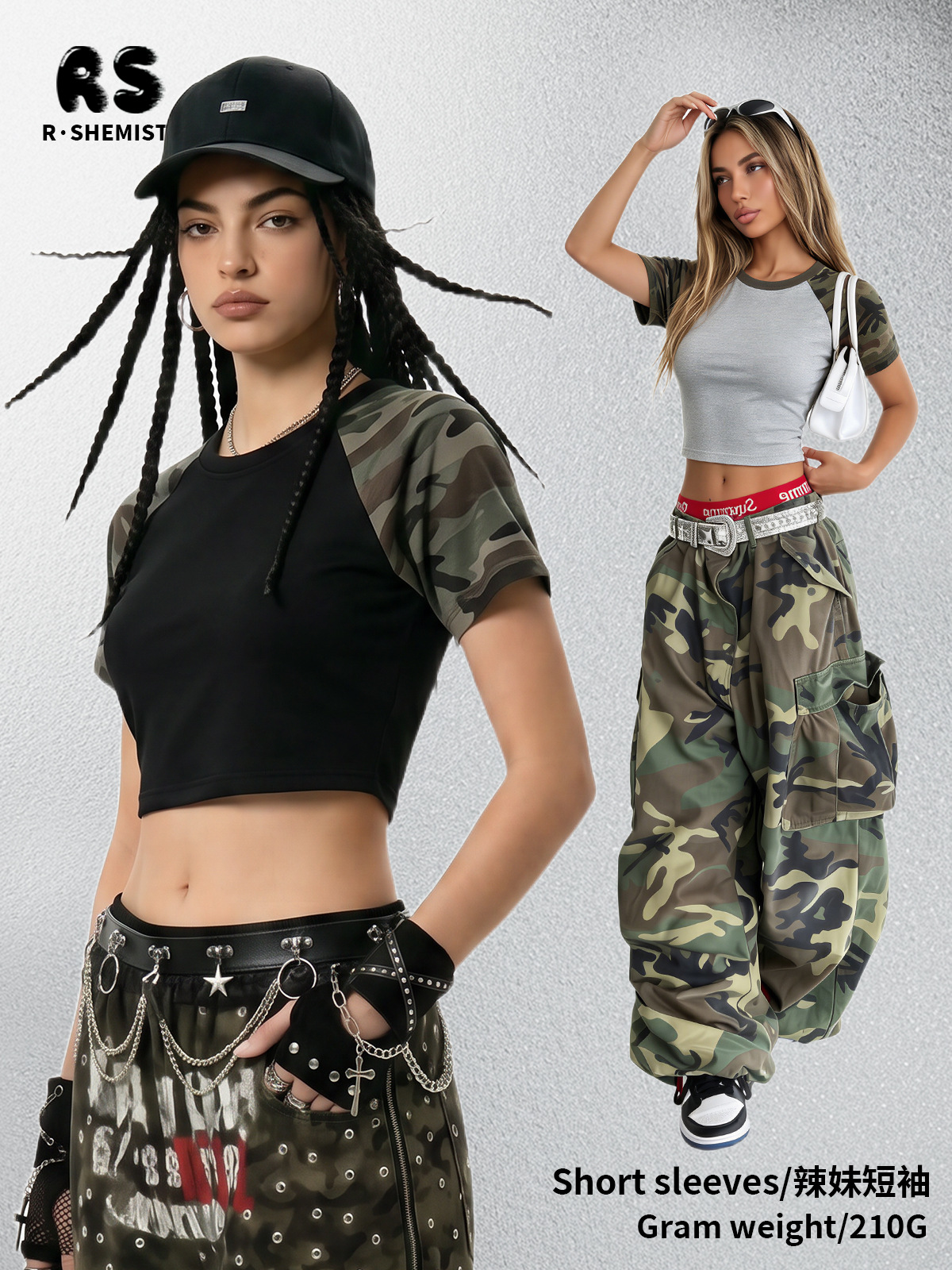 Ropa de mujeres RS| Cross-border American Street Girl Camuflaje de manga corta camiseta de manga corta para mujeres 210G delgada T corta