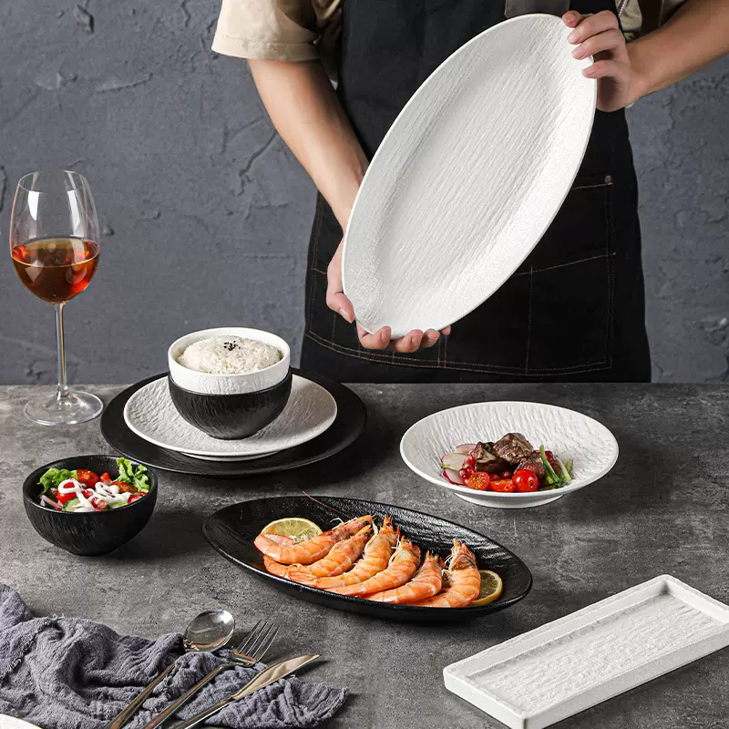 复古岩石纹陶瓷西餐盘汤盘鱼盘牛排菜盘磨砂高级感黑白餐具套装