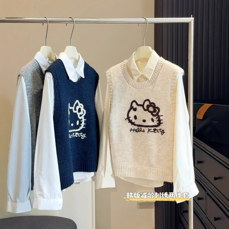 Cartoon Cat Embroidered Knitted Vest for Women Autumn and Winter New Outer Layer Alpaca Top Cartoon Vest for Women