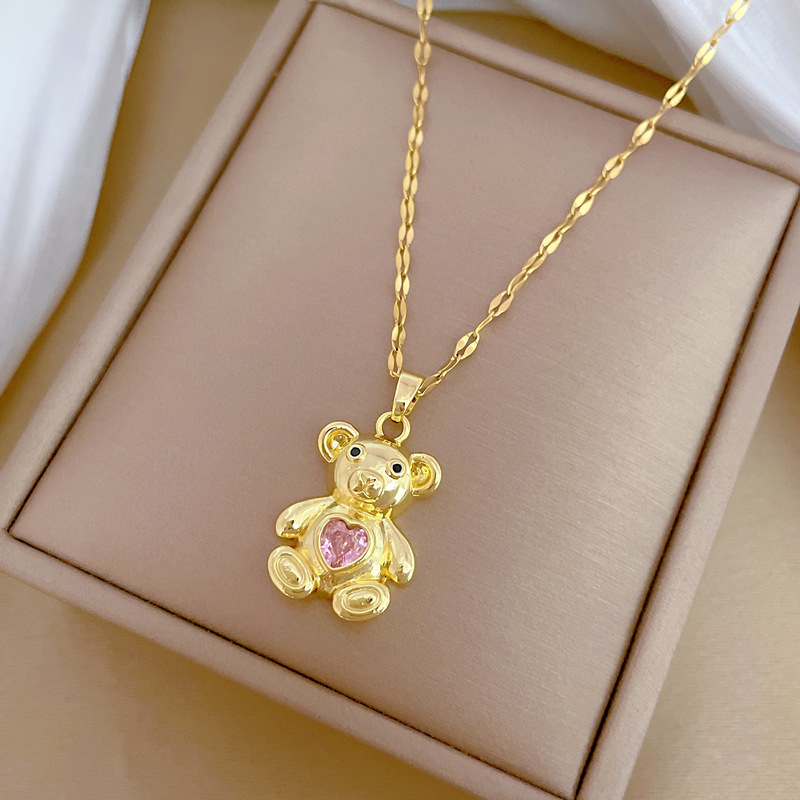 Gorgeous Pink Bear Necklace Full Diamond Luxury Temperament Chain_voghion.com