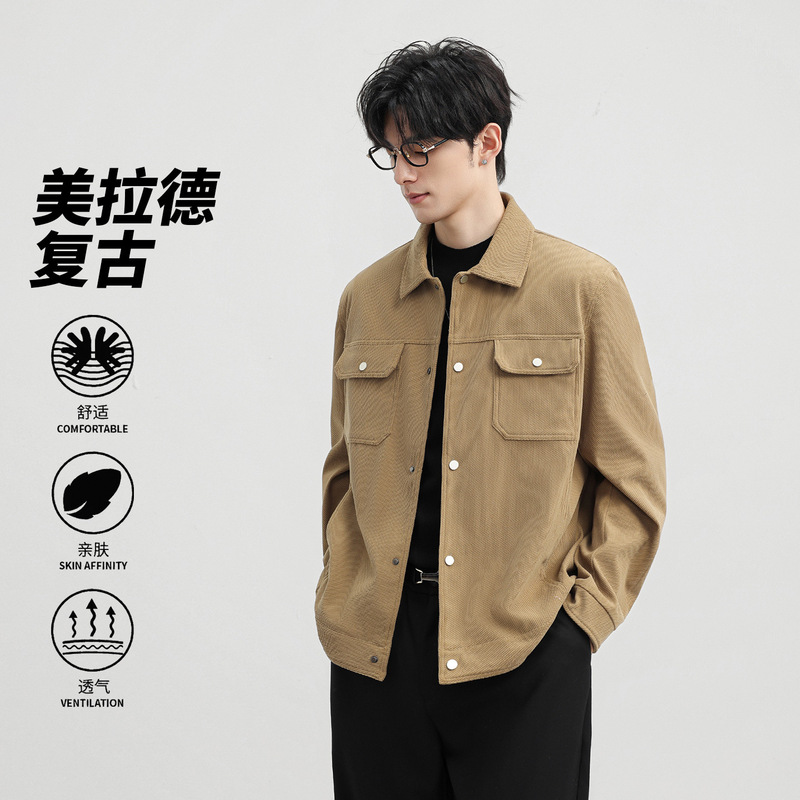 Men's Workwear Jacket Trendy Brand Top Lapel Thick Shirt Casual Spring and Autumn Loose Japanese Retro Men's Coat
