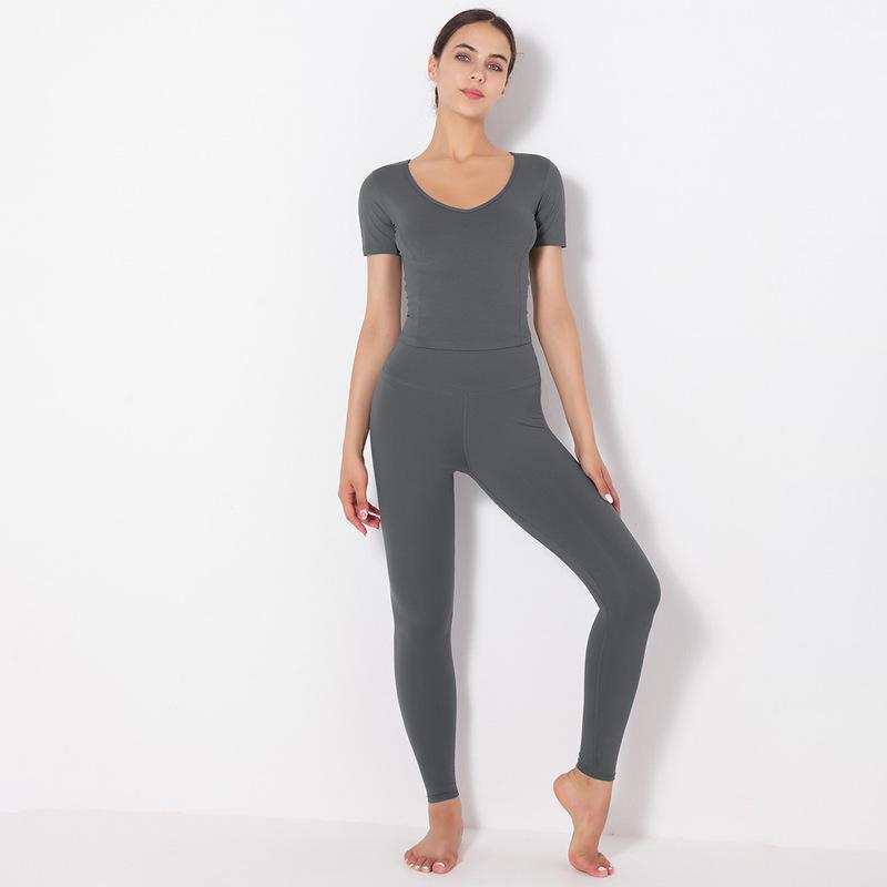high stretch V-neck short-sleeved top high waist trousers yoga set NSNS103589