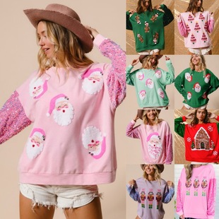 Amazon's New Cross-Border European and American Clothing Sweet Sequin Sleeves Versatile Tops Christmas Long-Sleeved Sweatshirts for Women