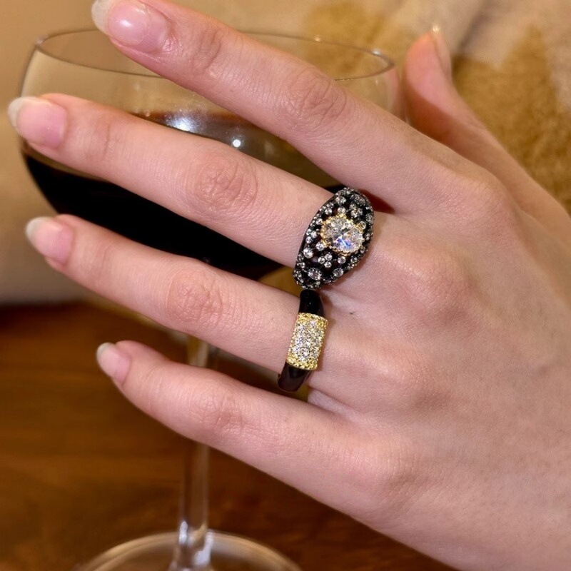 ヴィンテージ中古ブラックオーバルダイヤモンドリング女性用、色あせしない、絶妙な人差し指リング、軽い高級感とハイエンドリング|undefined
