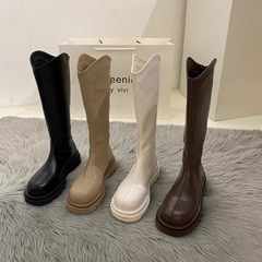 女性用ロングブーツ 2024 秋ストレッチブーツ薄型太いヒールスクエアトゥニーハイブーツ女性用ハイニーライダーブーツ
