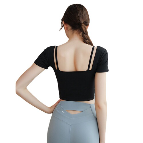 New spring and summer yoga clothes for women, tight-fitting sports tops with chest pads, short-sleeved running slim backless T-shirt fitness clothes