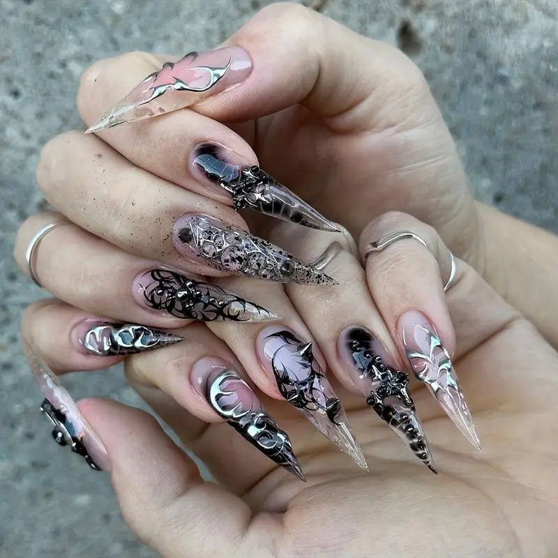 Cross-border hot sale fashion long pointed armor sweet cool black stripes white wearing armor removable fake nails finished wholesale