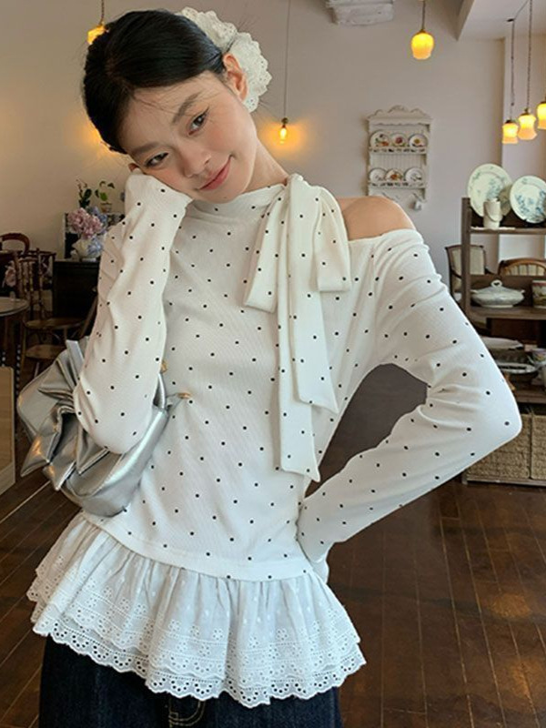 纯欲风白色波点绑带露肩打底衫女修身花边设计感内搭长袖T恤上衣|undefined