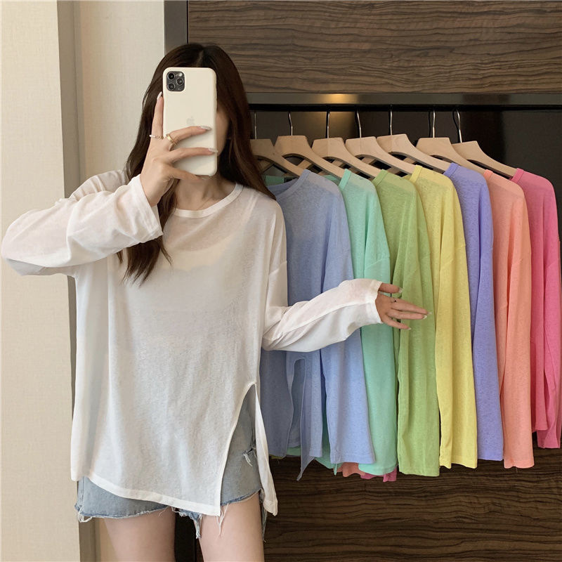 Slit Long-Sleeved T-Shirt for Women 2025 New Solid Color Top Loose Air-Conditioning Sunshade Cover-Up Summer Sun Protection Cardigan Slit Long-Sleeved T-Shirt for Women 2025 New Solid Color Top Loose Air-Conditioning Sunshade Cover-Up Summer Sun Protection Cardigan
