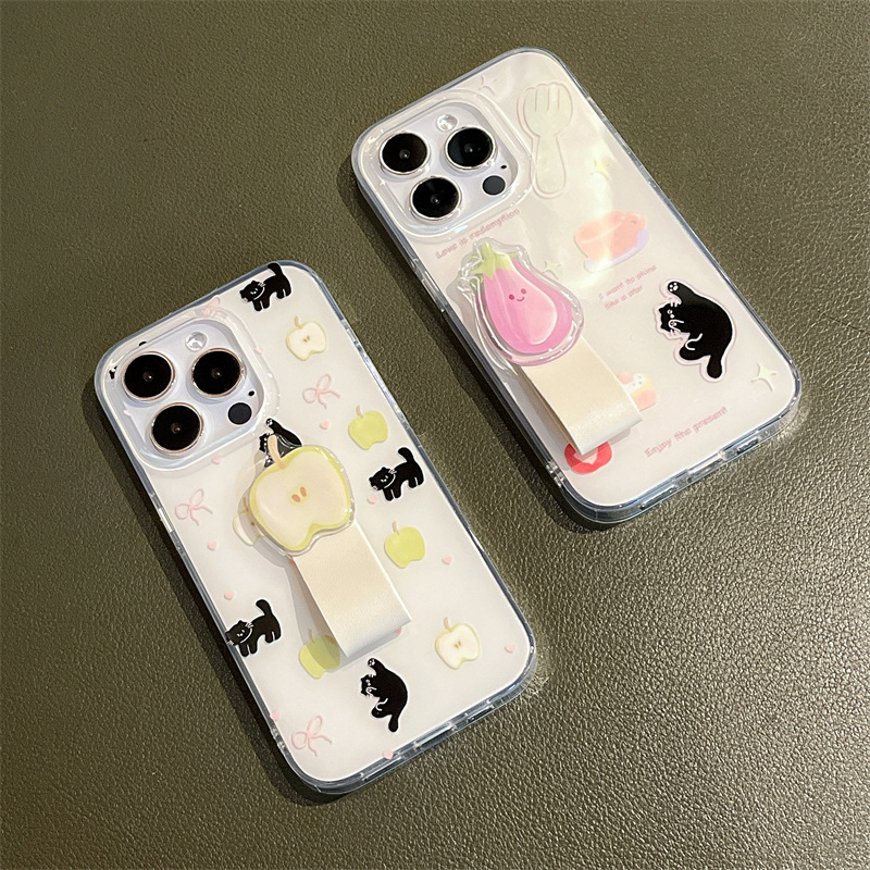 Ins lindo gato iPhone13 manzana berenjena anillo hebilla 14ProMax para Apple 15P funda para teléfono móvil 12