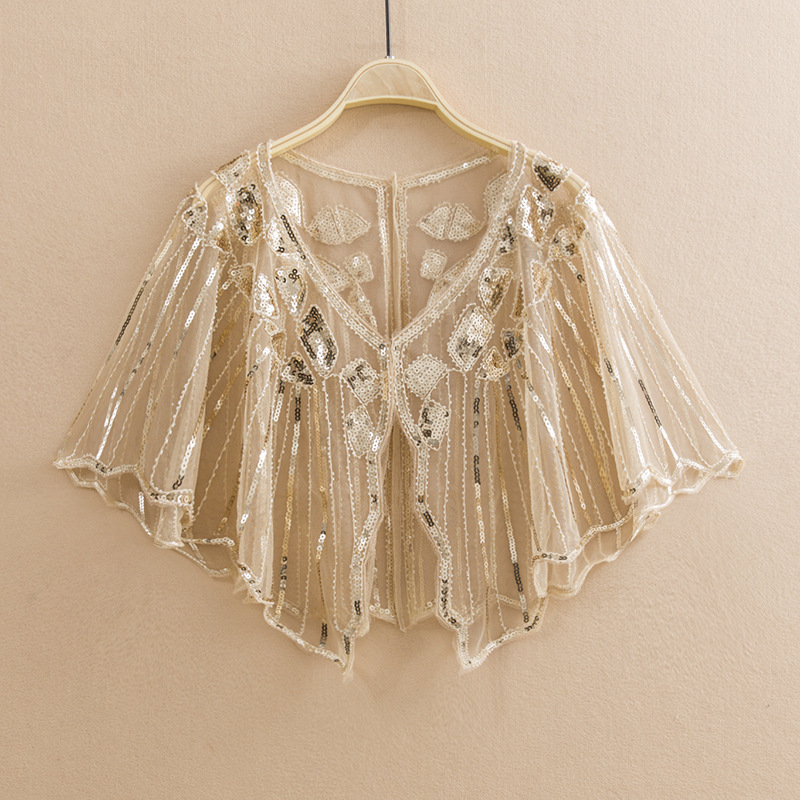 Cross-border cheongsam dress shawl hollow out outer wear heavy work bling sequined waistcoat Cape lace small coat