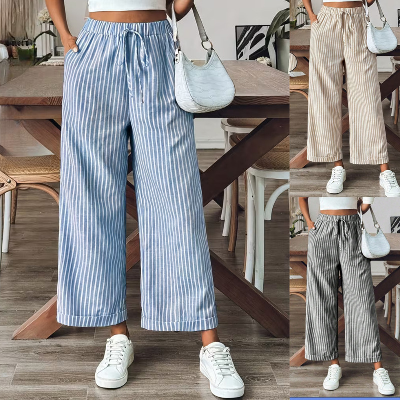 Large stock available. European and American cross-border foreign trade Amazon striped cotton-linen pocket casual loose straight-leg wide-leg pants Large stock available. European and American cross-border foreign trade Amazon striped cotton-linen pocket casual loose straight-leg wide-leg pants
