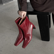 牛皮版~秋冬新款复古方头细跟短靴女后拉链短筒褶皱高跟瘦瘦靴子