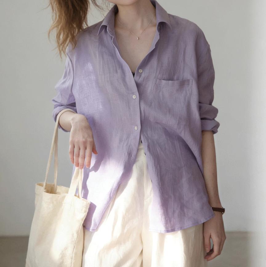 Áo sơ mi nữ tay dài phong cách nhẹ nhàng chất cotton linen rộng rãi — Màu tím nhạt chi tiết 5