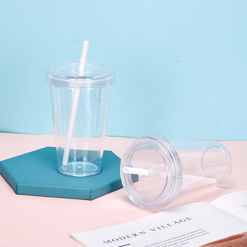 16oz taza de paja fría de verano de gran capacidad de doble capa taza de plástico transparente PS material leche taza de té de regalo de publicidad