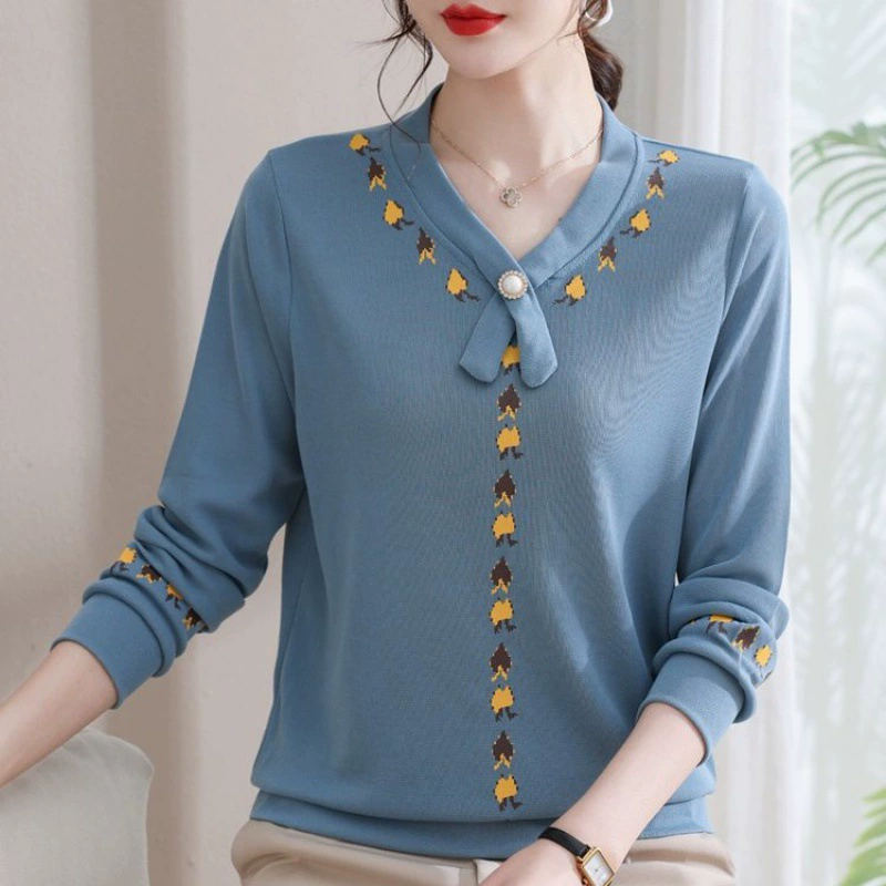 Мама осенняя рубашка с длинным рукавом футболка 2024 новая средняя и пожилая женская весна и осень вязаная рубашка