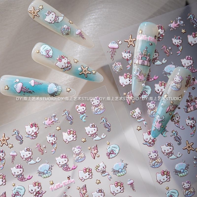 Hello Kitty Mermaid Kitty Cat Cute Nail Art Stickers Starfish Laser Super Fairy Fingertip DIY Decals