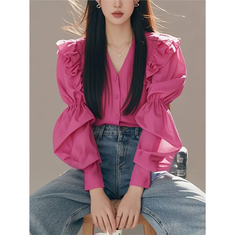 YT414700 Уникальный супер красивый красивый маленький рубашка дизайн высокого уровня розовые красные рукава рубашка с пузырьками для женщин 2025