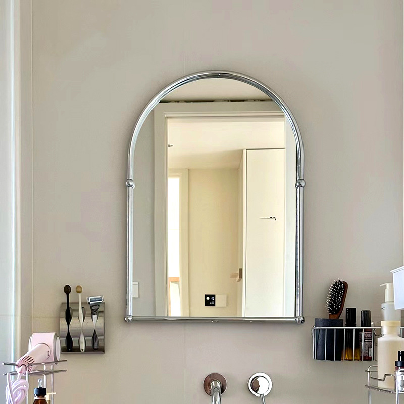 French Retro Arch Mirror Bathroom Simple Wall-Mounted Mirror Bathroom Makeup Mirror Medieval Stainless Steel Decorative Mirror
