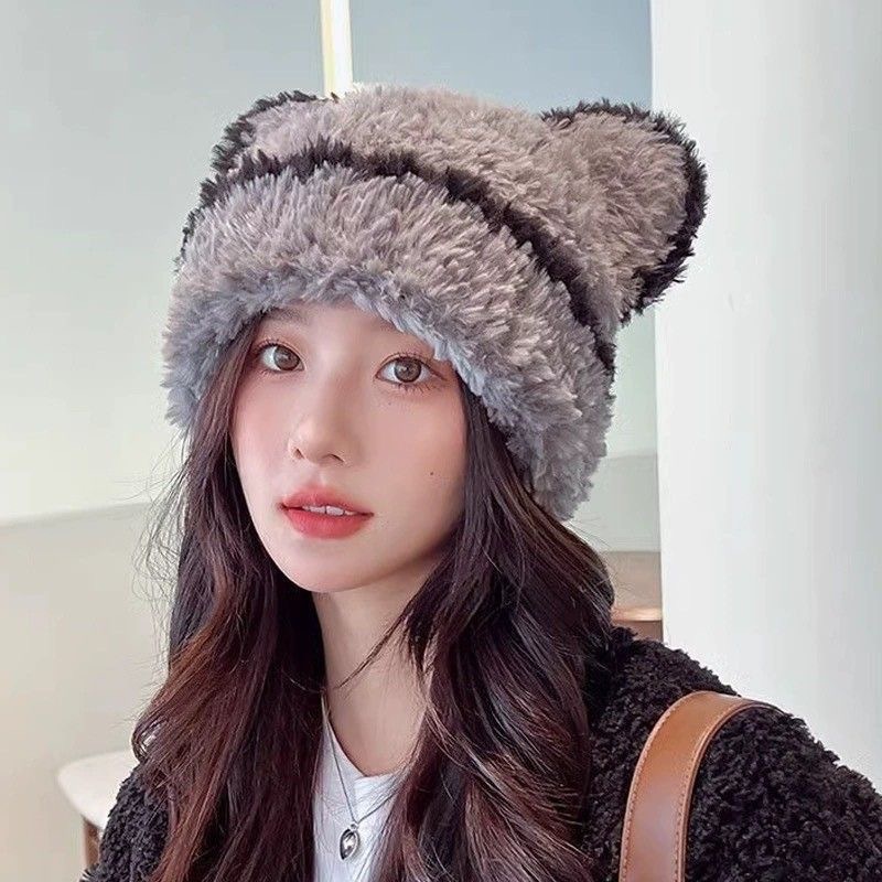 帽子女猫耳朵条纹毛线帽冬季帽子双毛球保暖帽皮标毛绒护耳针织帽|undefined