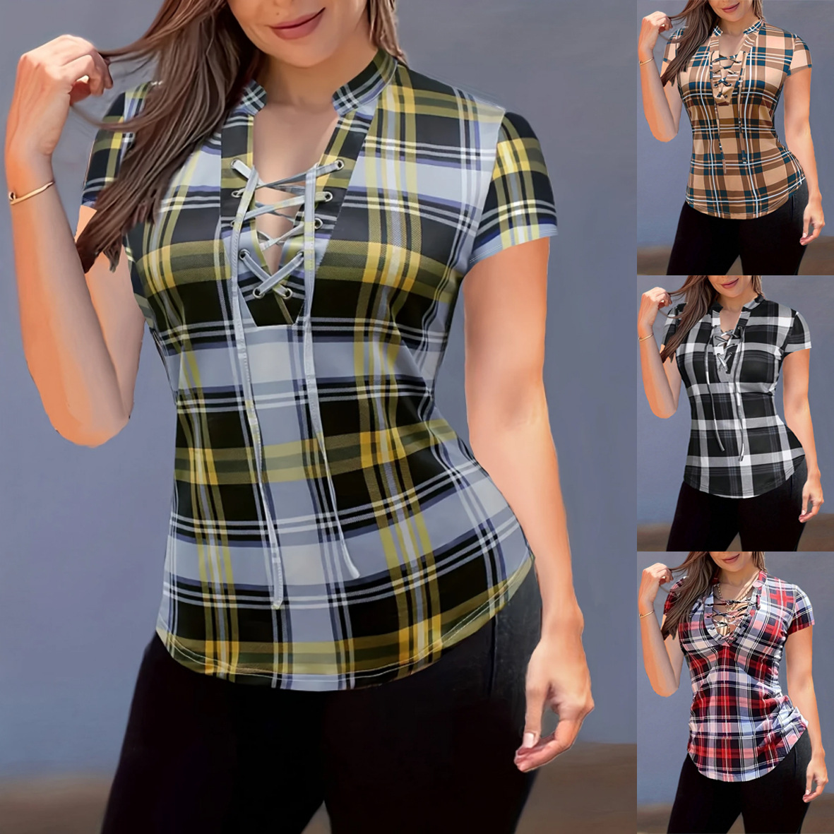 2025 Amazon European and American Fashion Spring and Summer New Plaid Printed Collar Chest Strap Slim Top