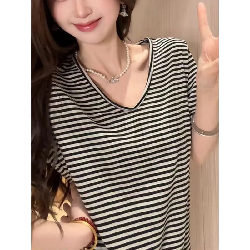 Verano U-collar rayas camiseta de manga corta coreana mujer casual 2026 nuevo perezoso suelto delgado chic top image 3