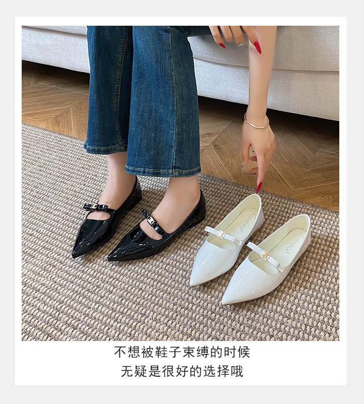 Giày búp bê nữ mũi nhọn khóa vàng nơ nhỏ, đế bằng gót thấp 1–3 cm — Trắng, màu đen chi tiết 9