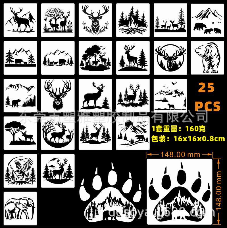 25件圣诞鹿熊 森林动物雪鹿绘画模板 春天植物田园植物海洋绘画模