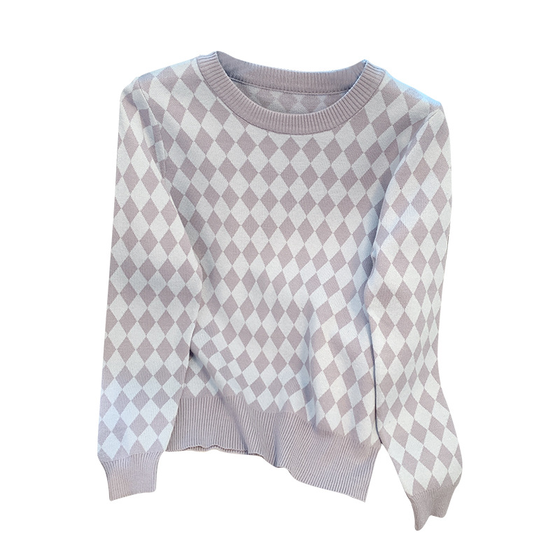 Women's Clothing neck women's sweater autumn and winter new knitted sweater Korean style trend jacquard bottoming shirt temperament plaid top_voghion.com