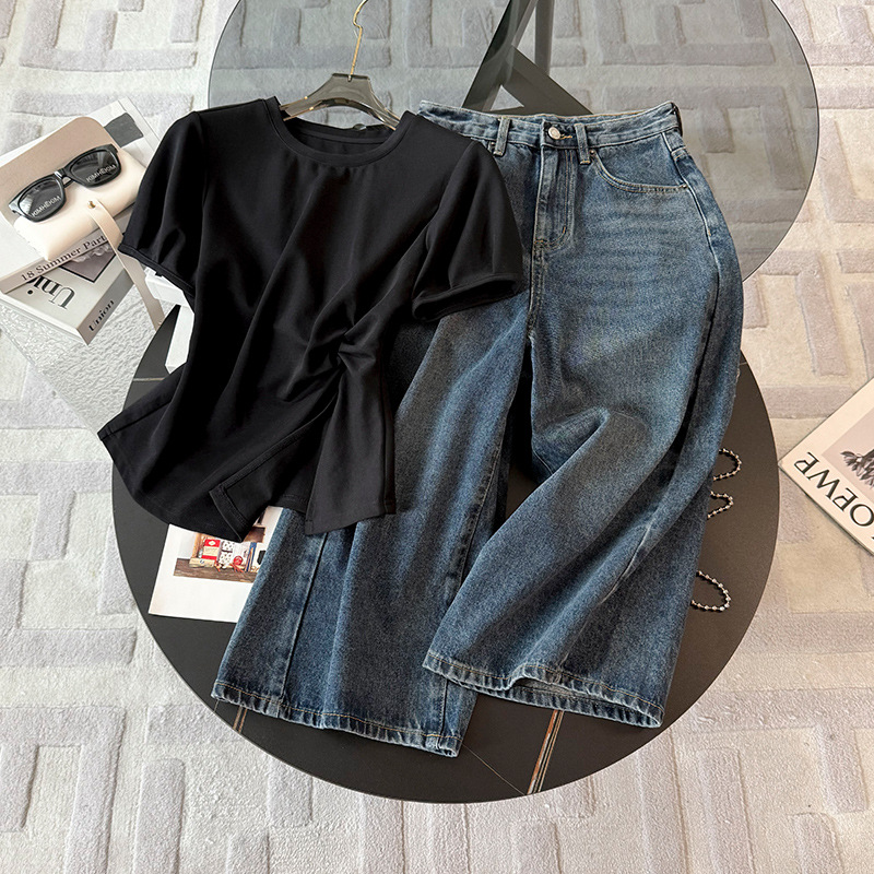 Women's Clothing Style Fashion Casual Suit For Women Summer New Round Neck Irregular Slit Design Short Sleeve Denim Shorts Two Piece Suit_ecoleips.com