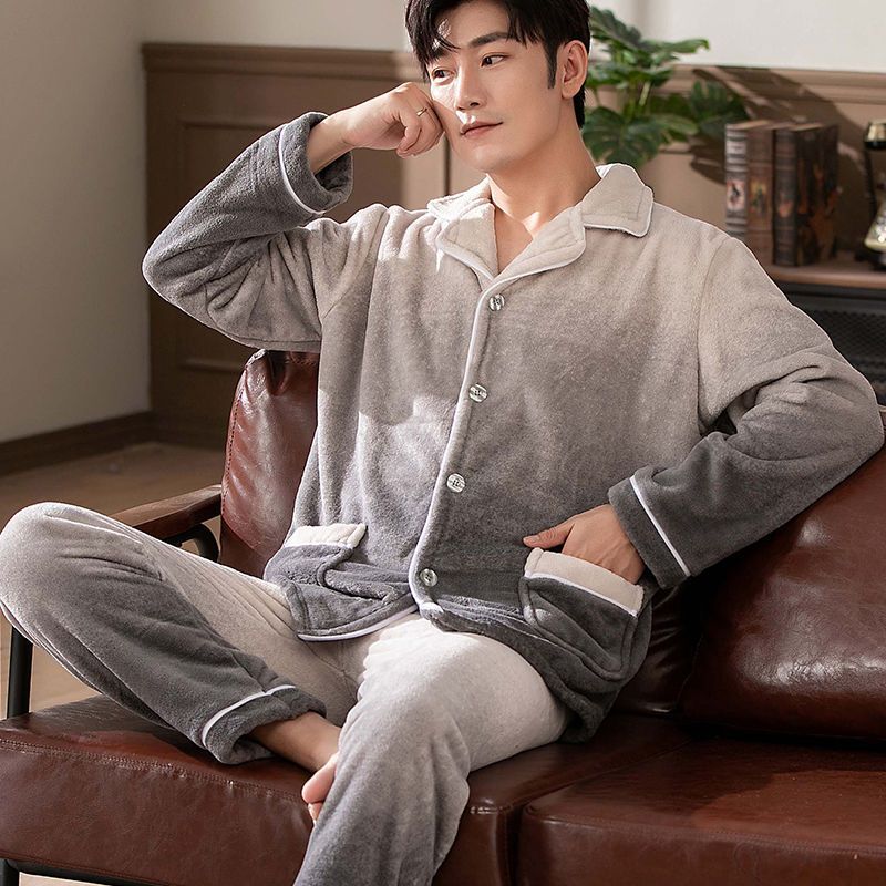 Pijamas de invierno de terciopelo de coral, pijamas de franela gruesas de invierno para hombres, ropa de hogar cálida de mangas largas para hombres