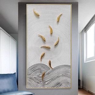 Hand-painted oil painting light luxury style hallway decorative painting vertical corridor mural large nine fish picture living room decorative painting hanging painting