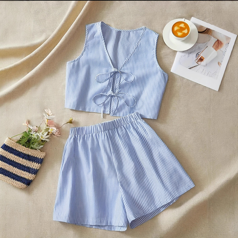 2025 New Women's Casual Striped Crochet Vest and High-Waisted Loose Shorts Set