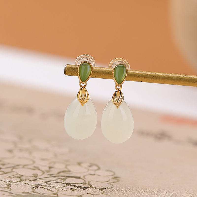 Bông tai bạc S925 đính ngọc bích trắng và hổ phách hình giọt nước phong cách Trung Hoa — Mô hình sáp ong