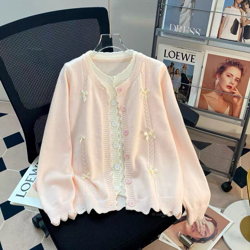 Fake Two-Piece Color-Blocked Sweet Style Bow-Knot Knitted Cardigan, New Spring and Autumn Style, Gentle and Elegant Lazy Style Sweater Coat