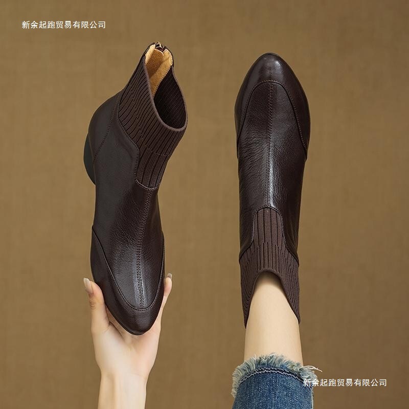 Retro Brown Soft Leather Pointed Toe Short Boots 2025 Autumn and Winter Nude Boots Wholesale Soft Sole Flats Commuting Mom Boots for Women Retro Brown Soft Leather Pointed Toe Short Boots 2025 Autumn and Winter Nude Boots Wholesale Soft Sole Flats Commuting Mom Boots for Women