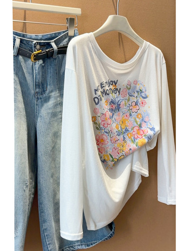 White flower printed long-sleeved T-shirt for women's summer loose all-matching round neck casual lazy sun-proof blouse top