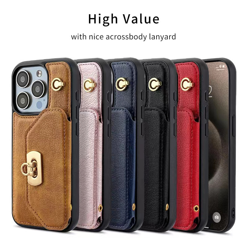 Suitable for Apple 15 Mobile Phone Case Crossbody Bag 16Pro Max K-Style Mini Mini Shoulder Mobile Phone Wallet Leather Case