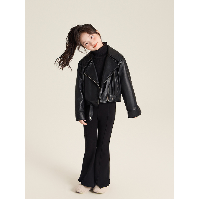 AMYBABY GIRLS TOP WINTER 2024 새로운 스타일 올 매치 원피스 칼라 퀼트 짧은 가죽 코트