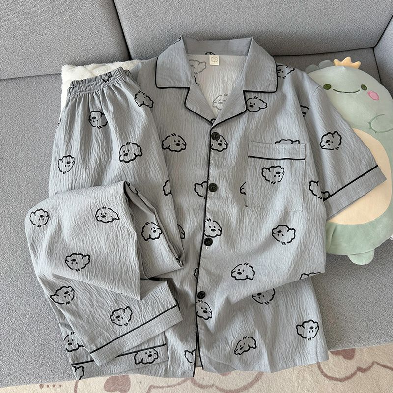 Verano hombre nube algodón corto y largo dos piezas conjunto de pijamas de moda simple con tapa cardigan ropa de hogar se puede usar fuera delgada